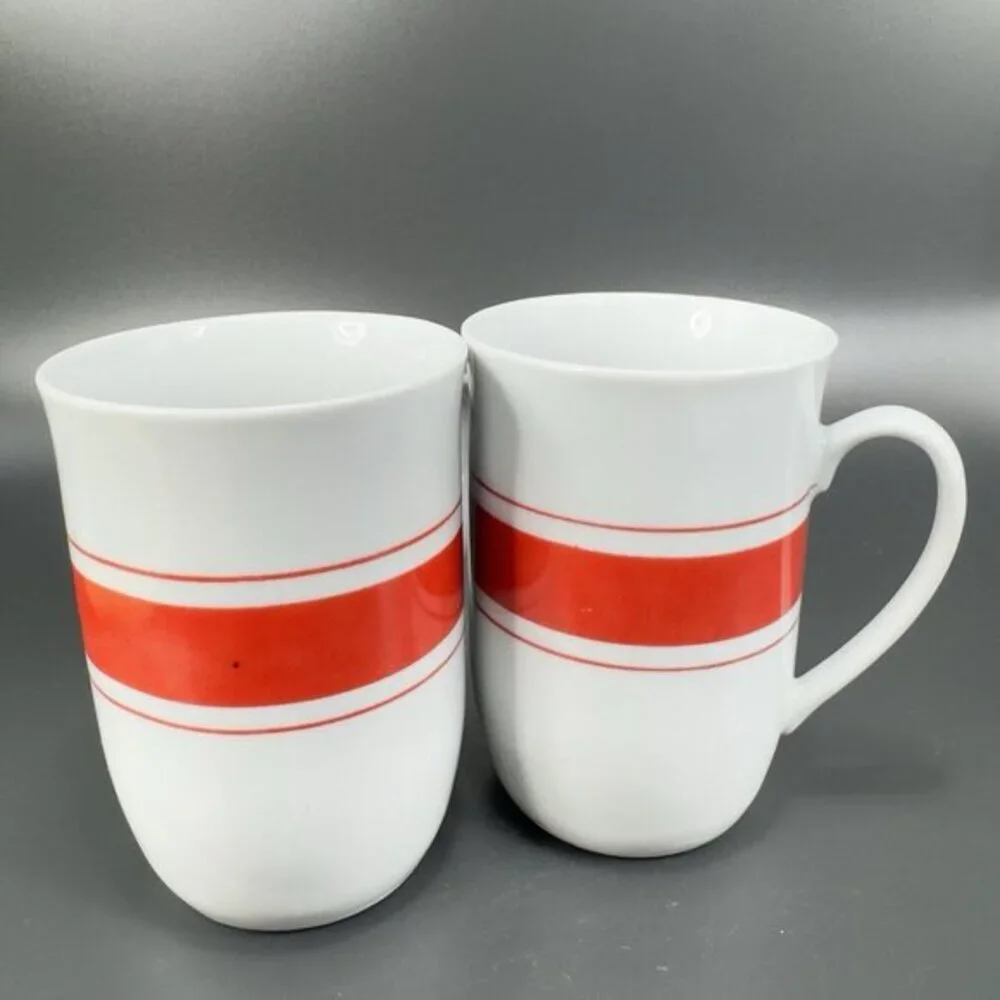 Vintage Leonard White Ceramic Coffee Mug Cup Set 2 Red Orange Band Mugs Cups Set